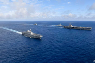 Cuộc tập trận chung giữa Mỹ và Hàn Quốc có sự tham gia của tàu sân bay USS Ronald Reagan. Ảnh: AP