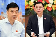 Chủ nhiệm Ủy ban Kinh tế Vũ Hồng Thanh (trái) trình bày báo cáo và Chủ tịch Quốc hội Vương Đình Huệ phát biểu tại phiên họp.