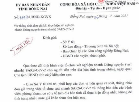 Đồng Nai: Hỏa tốc rà soát giá tiền xét nghiệm test nhanh COVID-19