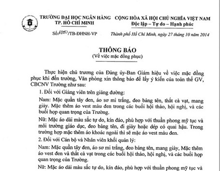 Thông báo về việc mặc đồng phục đối với giảng viên Trường ĐH Ngân hàng TPHCM