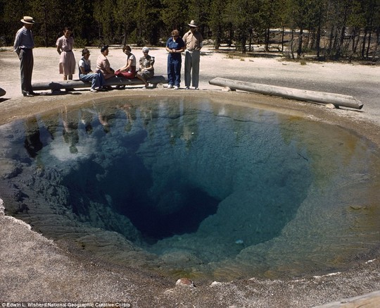 The Morning Glory hot spring in 1940. The photograph reveals a stark contrast to the fiery colours now exhibited at the tourist attraction