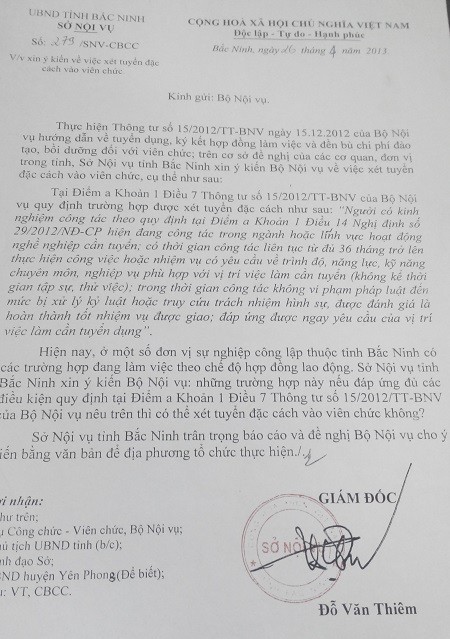 Công văn xin ý kiến chỉ đạo của Bộ Nội vụ nhưng chưa được trả lời