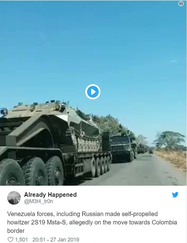 Hình ảnh chụp từ Twitter cho thấy Venezuela triển khai xe tăng chiến đấu, hệ thống pháo hạng nặng và nhiều thiết bị quân sự khác đến biên giới với Colombia. Ảnh: TWITTER