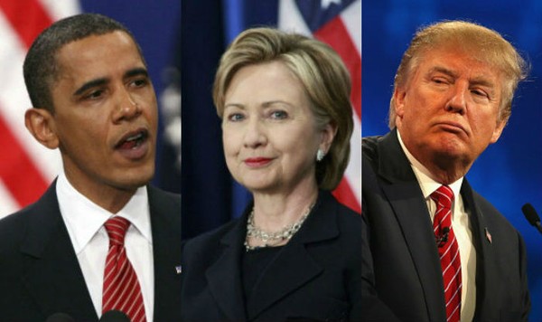 Bà Hillary Clinton (giữa) thua ông Barack Obama (trái) trong cuộc chạy đua tổng thống đầu tiên và thua ông Donald Trump (phải) trong cuộc đua tổng thống thứ hai. Ảnh: INDIA.COM