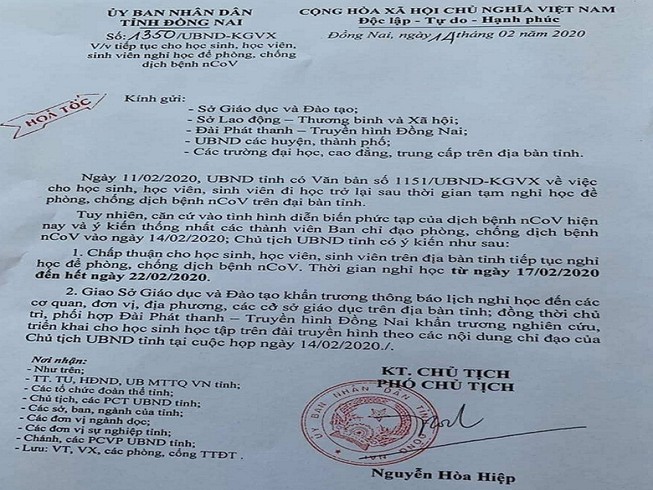 Học sinh Đồng Nai nghỉ thêm 1 tuần nữa để phòng dịch Corona