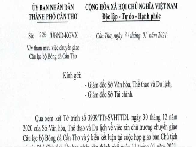 CLB bóng đá Cần Thơ sẽ được chuyển giao cho doanh nghiệp