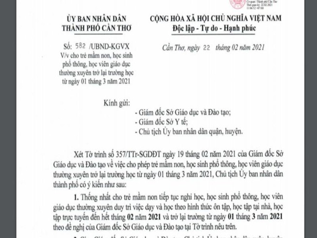 Cần Thơ cho học sinh trở lại trường học từ ngày 1-3