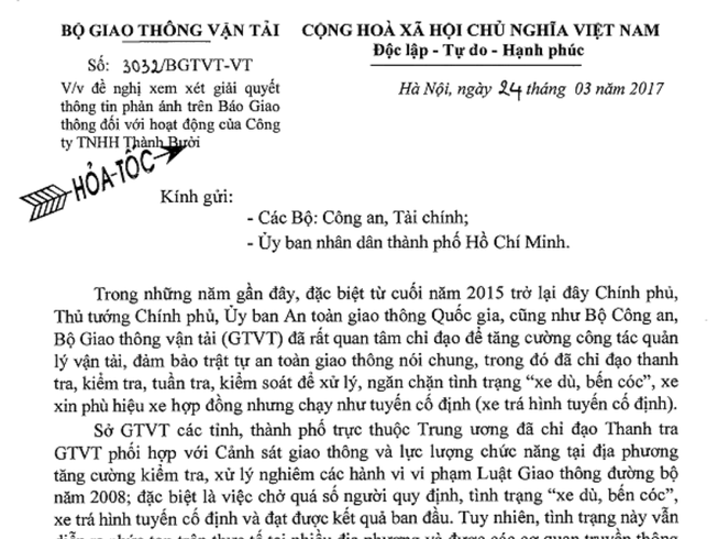 Bộ GTVT đề nghị làm rõ vi phạm của Công ty Thành Bưởi