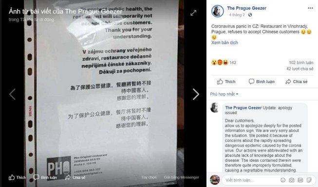 Nhà hàng Việt ở Czech xin lỗi vì cấm khách Trung Quốc