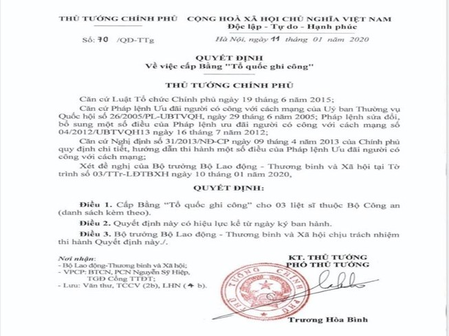 Cấp bằng Tổ quốc ghi công cho 3 công an hy sinh ở Đồng Tâm
