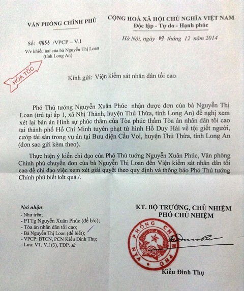 Vụ tử tù Hồ Duy Hải: Phó Thủ tướng gửi công văn hỏa tốc