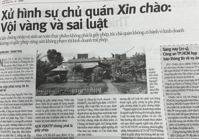 Tòa Bình Chánh trả hồ sơ vụ “Xử hình sự chủ quán Xin Chào“