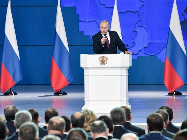 Trong Thông điệp Liên bang năm 2020, Tổng thống Nga Vladimir Putin tuyên bố nước Nga đứng đầu thế giới về vũ khí tiên tiến. Ảnh: TASS