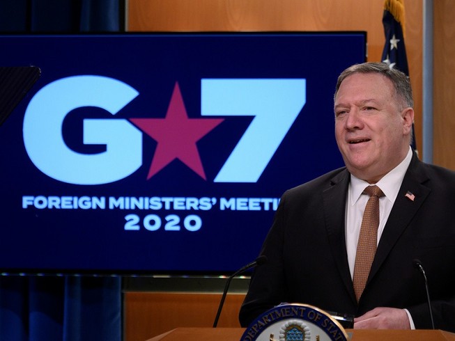 Ngoại trưởng Mỹ Mike Pompeo chủ trì hội nghị trực tuyến của nhóm lãnh đạo ngoại giao G7. Ảnh: RT