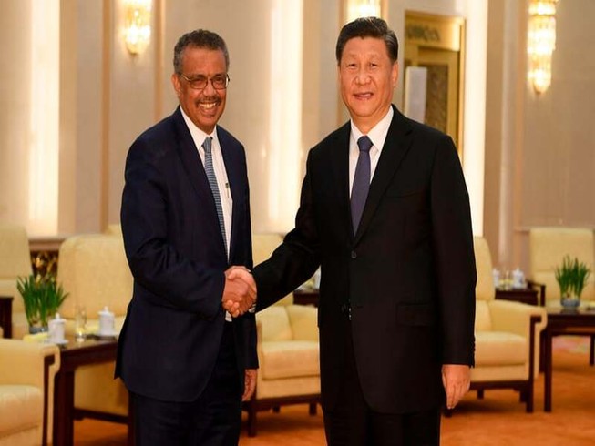 Tổng giám đốc WHO Tedros bắt tay với Chủ tịch Trung Quốc Tập Cận Bình. Ảnh: Naohiko Hatta/AFP