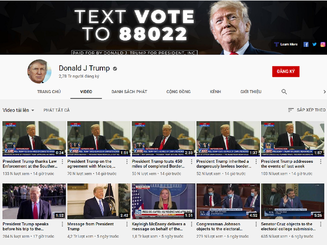 Danh sách các video trên kênh Youtube của ông Donald Trump. Ảnh chụp màn hình YOUTUBE
