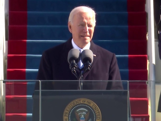Tổng thống Joe Biden phát biểu nhậm chức bên ngoài toà nhà Quốc hội ngày 20-1. Ảnh: REUTERS