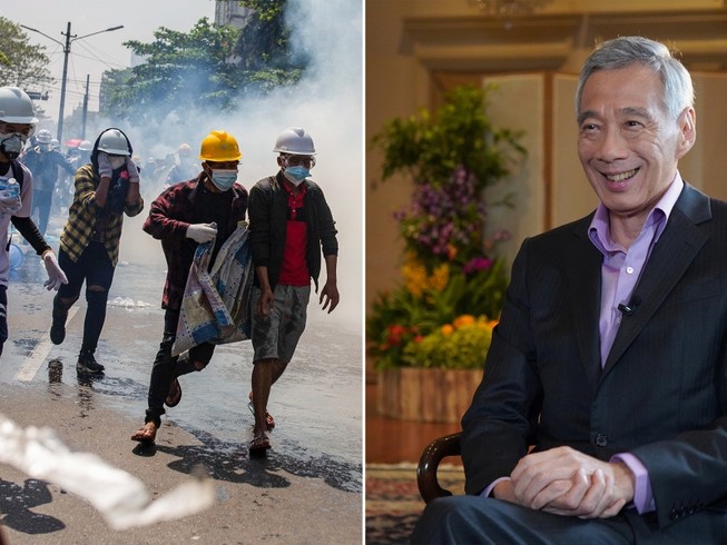 Thủ tướng Singapore Lý Hiển Long (phải) ngày 2-3 trả lời phỏng vấn của đài BBC về khủng hoảng chính trị ở Myanmar. Ảnh: MCI