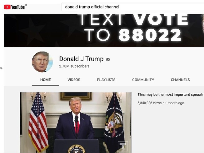 Trang chủ kênh Youtube của cựu Tổng thống Mỹ Donald Trump. Ảnh chụp màn hình YOUTUBE