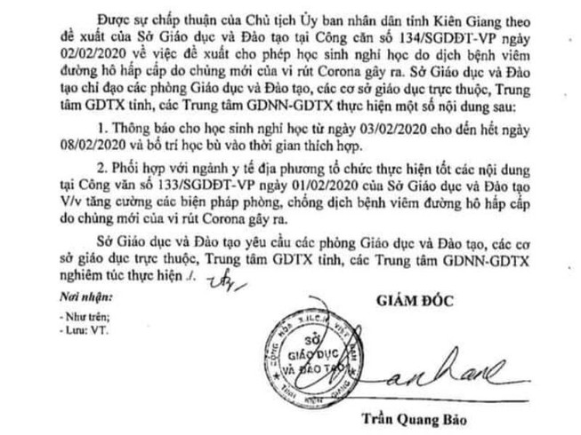 Kiên Giang cho học sinh nghỉ học một tuần để tránh dịch Corona