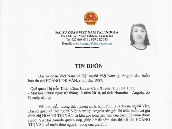 Nữ lao động người Việt tử vong ở Angola do bị cướp đốt