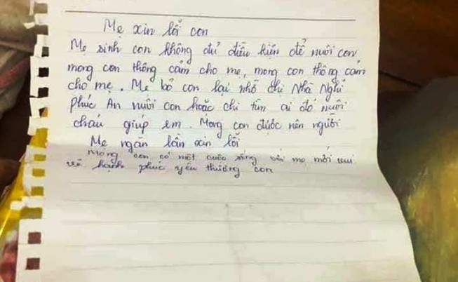 Mẹ bỏ rơi con cùng tờ giấy ghi dòng chữ 'mẹ ngàn lần xin lỗi'