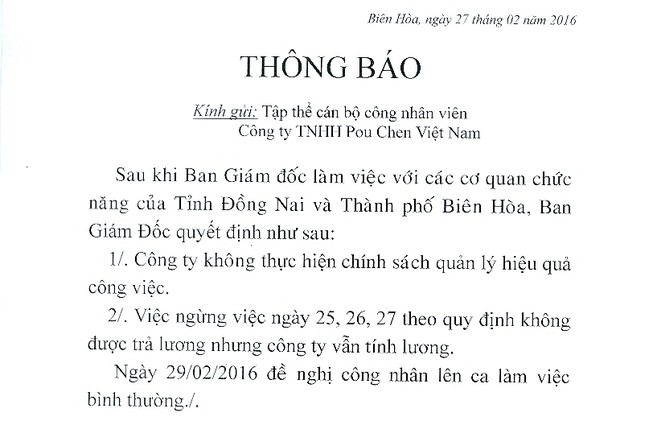 Đã giải quyết xong vụ công nhân Công ty Pouchen ngưng việc tập thể