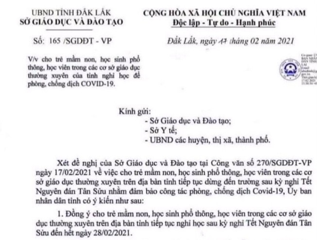 Văn bản cho học sinh nghỉ học đến 28-2 là giả mạo.