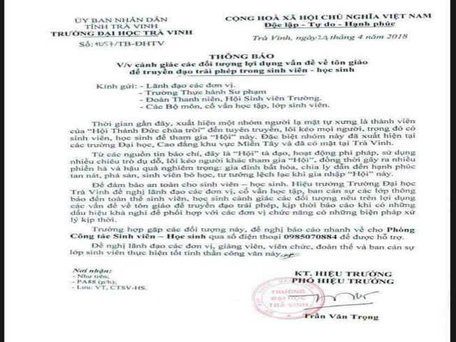 Đại học Trà Vinh cảnh báo SV về 'Hội Thánh Đức Chúa Trời'
