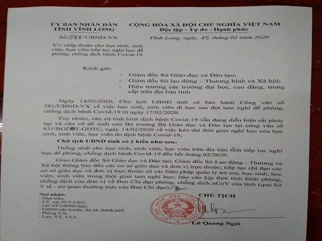 Văn bản của UBND tỉnh Vĩnh Long chấp thuận cho học sinh nghỉ học đến hết tháng 2 để né dịch Covid-19