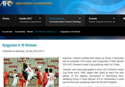Website của AFC nhầm tỷ số chiến thắng của nữ Việt Nam