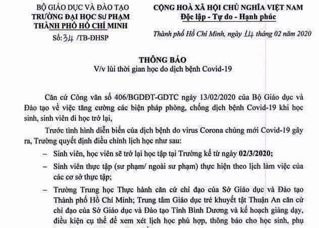 Sinh viên sư phạm TP.HCM nghỉ học thêm 2 tuần vì dịch COVID-19