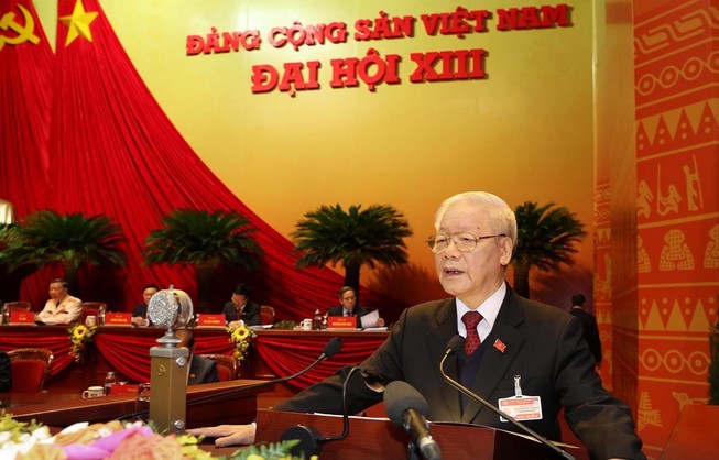Tổng bí thư, Chủ tịch nước Nguyễn Phú Trọng báo cáo tại Đại hội XIII của Đảng. Ảnh: TTXVN