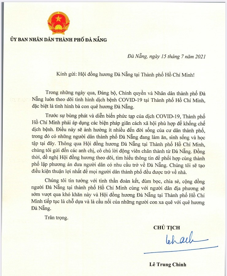Chủ tịch Đà Nẵng gửi tâm thư đón bà con từ TP.HCM trở về - ảnh 1
