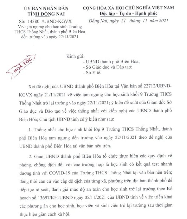 Đồng Nai hỏa tốc tạm dừng thí điểm đi học trở lại 1 trường ở TP Biên Hòa - ảnh 1