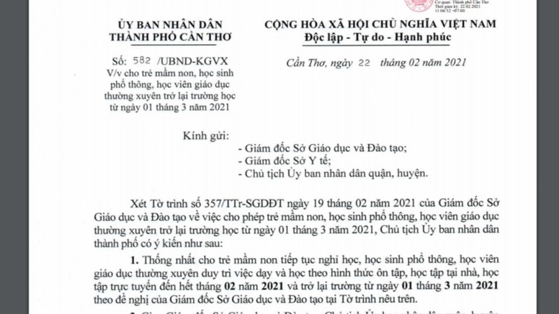 Cần Thơ cho học sinh trở lại trường học từ ngày 1-3 - ảnh 1