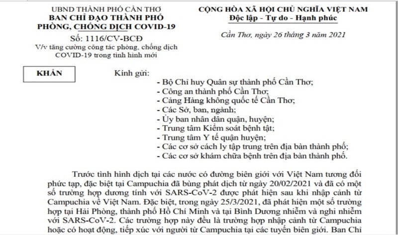 Cần Thơ ra văn bản khẩn chỉ đạo phòng chống COVID-19 - ảnh 1