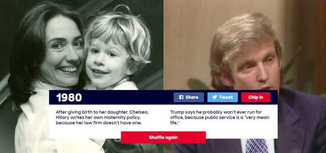 Năm 1980: Sau khi sinh con gái Chelsea Clinton, Hillary đã tự tay phác thảo chính sách dành cho các bà mẹ của chính bà do công ty luật mà bà đang làm không có chính sách này. Trong năm này, Donald Trump nói có thể ông sẽ không bao giờ tham gia vào chính trường vì ngành dịch vụ công có “cuộc sống rất tầm thường”.