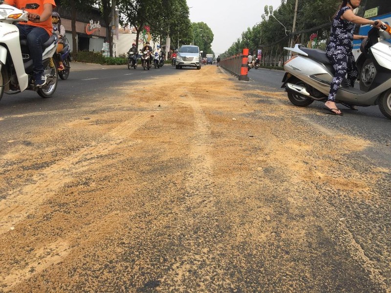 Vệt nhớt dài 500 m ở Gò Vấp làm cả chục xe máy ngã nhào - ảnh 1