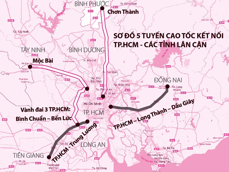 Sơ đồ năm tuyến cao tốc kết nối TP.HCM đi các tỉnh lân cận (Đồ họa: Hồ Trang)