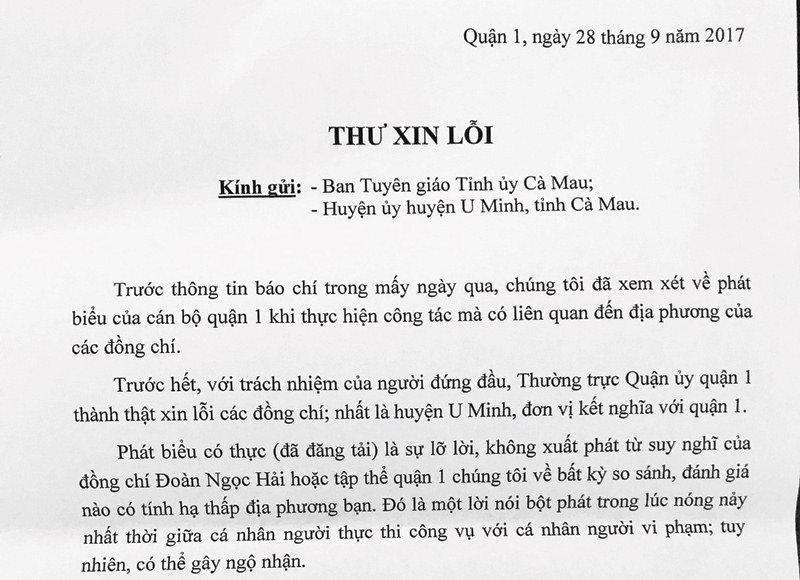 Quận 1 gửi thư xin lỗi Cà Mau vì phát ngôn của ông Hải - ảnh 1