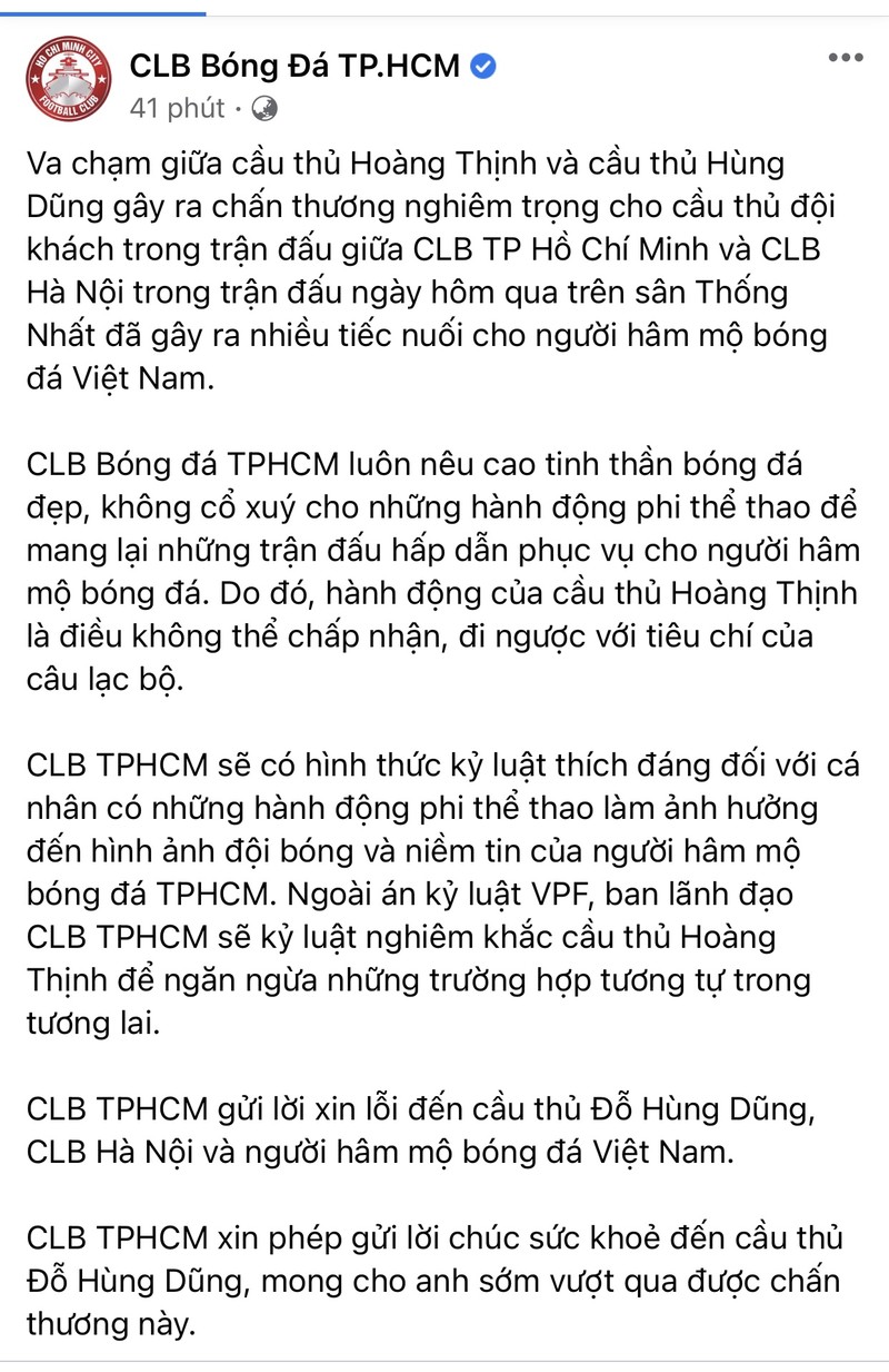 CLB TP.HCM: 'Sẽ xử lý kỷ luật thích đáng Hoàng Thịnh' - ảnh 1