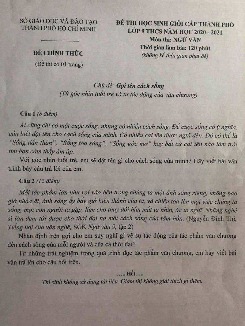 TP.HCM: Đề thi học sinh giỏi Văn 'gọi tên cách số và tuổi trẻ  - ảnh 1