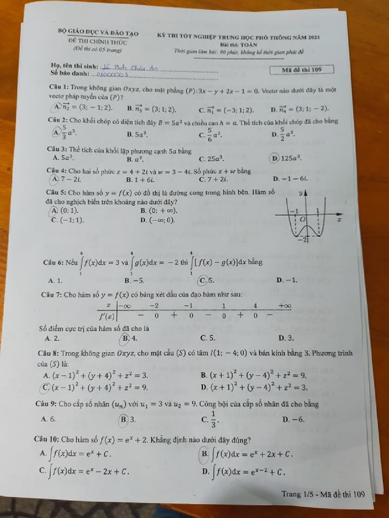 Đề thi môn toán kỳ thi tốt nghiệp THPT 2021 đợt 1 - ảnh 1