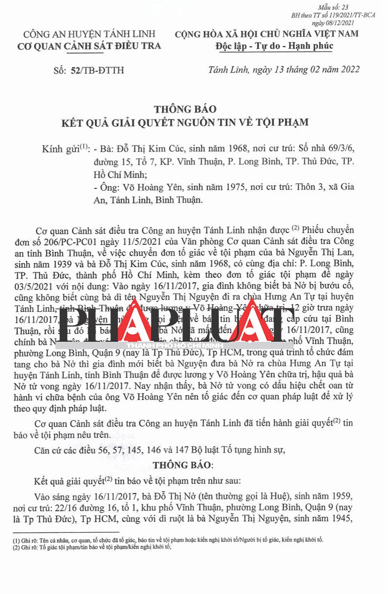 Bình Thuận: Không đủ yếu tố xác định ông Võ Hoàng Yên chữa bệnh gây chết người - ảnh 2