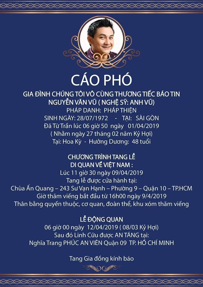 Thông tin chính thức về tang lễ của nghệ sĩ Anh Vũ ở Việt Nam - ảnh 1