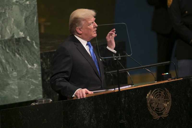 Tổng thống Mỹ Trump phát biểu tại Đại Hội đồng LHQ ngày 19-9. Ảnh: BLOOMBERG