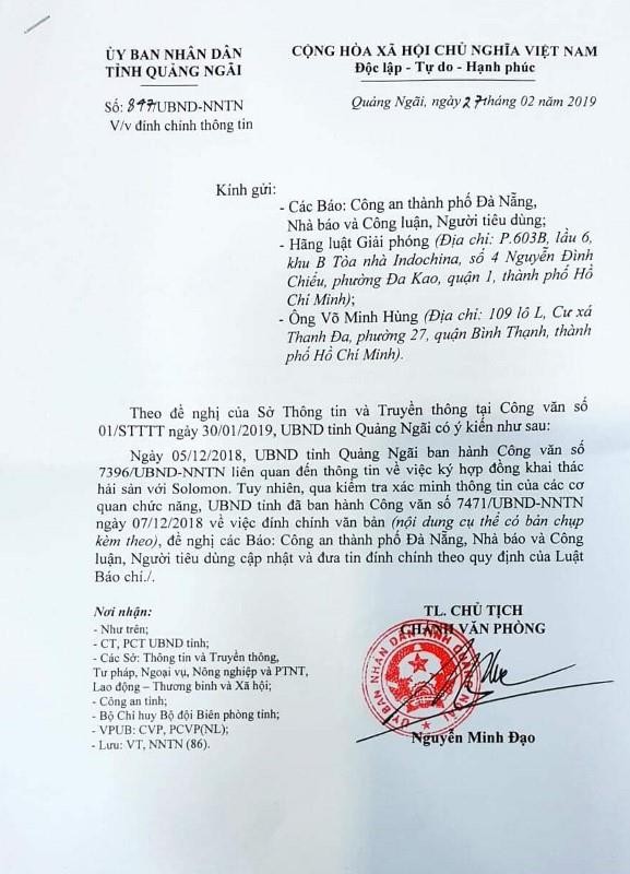 UBND tỉnh Quảng Ngãi đính chính thông tin về doanh nghiệp - ảnh 2