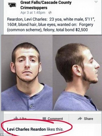 Levi Charles Reardon nhấn “like” bức ảnh truy nã của mình trên trang Facebook của cảnh sát