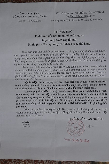 Nội dung tuyên truyền công an quận 1 gửi đến các nhà hàng, khách sạn trên địa bàn quận
